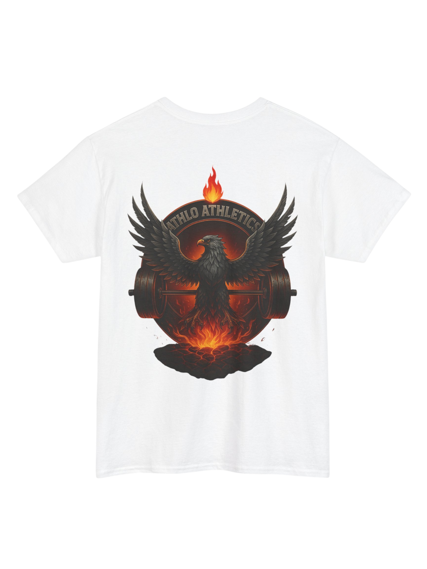 Athlo Athletics Forged in Flame T-shirt back view in white with flaming phoenix lifting barbell and Athlo Athletics crest, powerful gym wear.