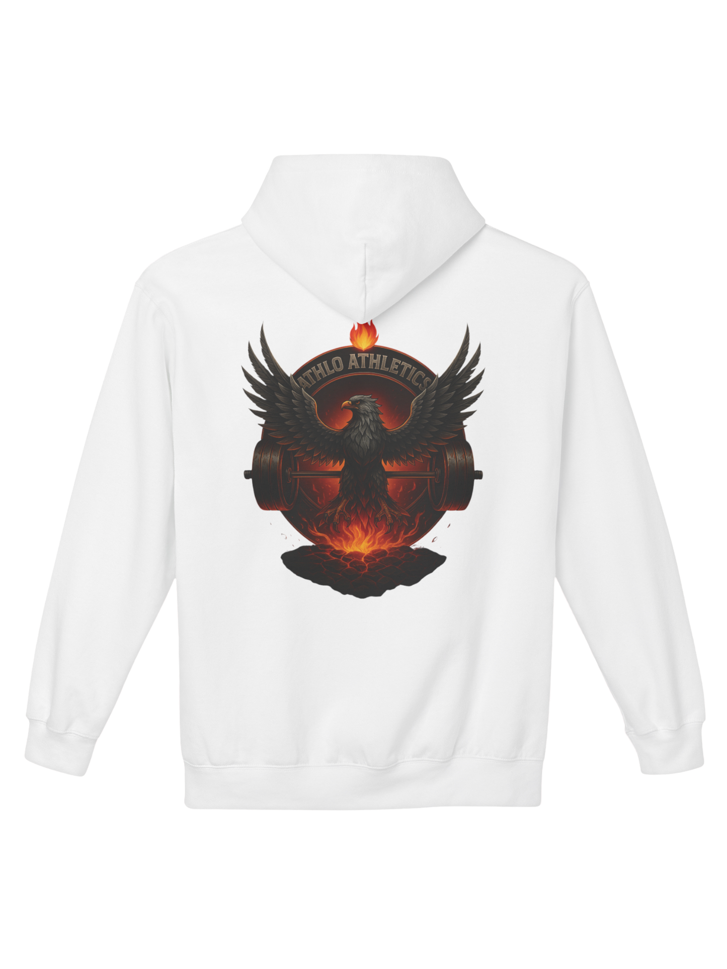 Athlo Athletics Forged in Flame hoodie back view in white showcasing fiery phoenix and Athlo Athletics banner symbolizing power and rebirth through struggle.