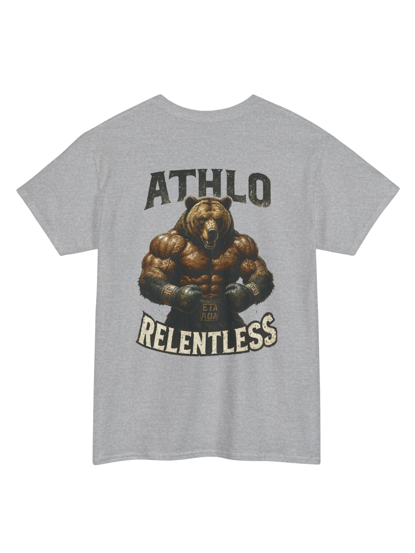 Athlo Athletics Relentless Grizzly T-shirt back view in gray featuring muscular bear graphic and bold ATHLO RELENTLESS text, gym apparel design.