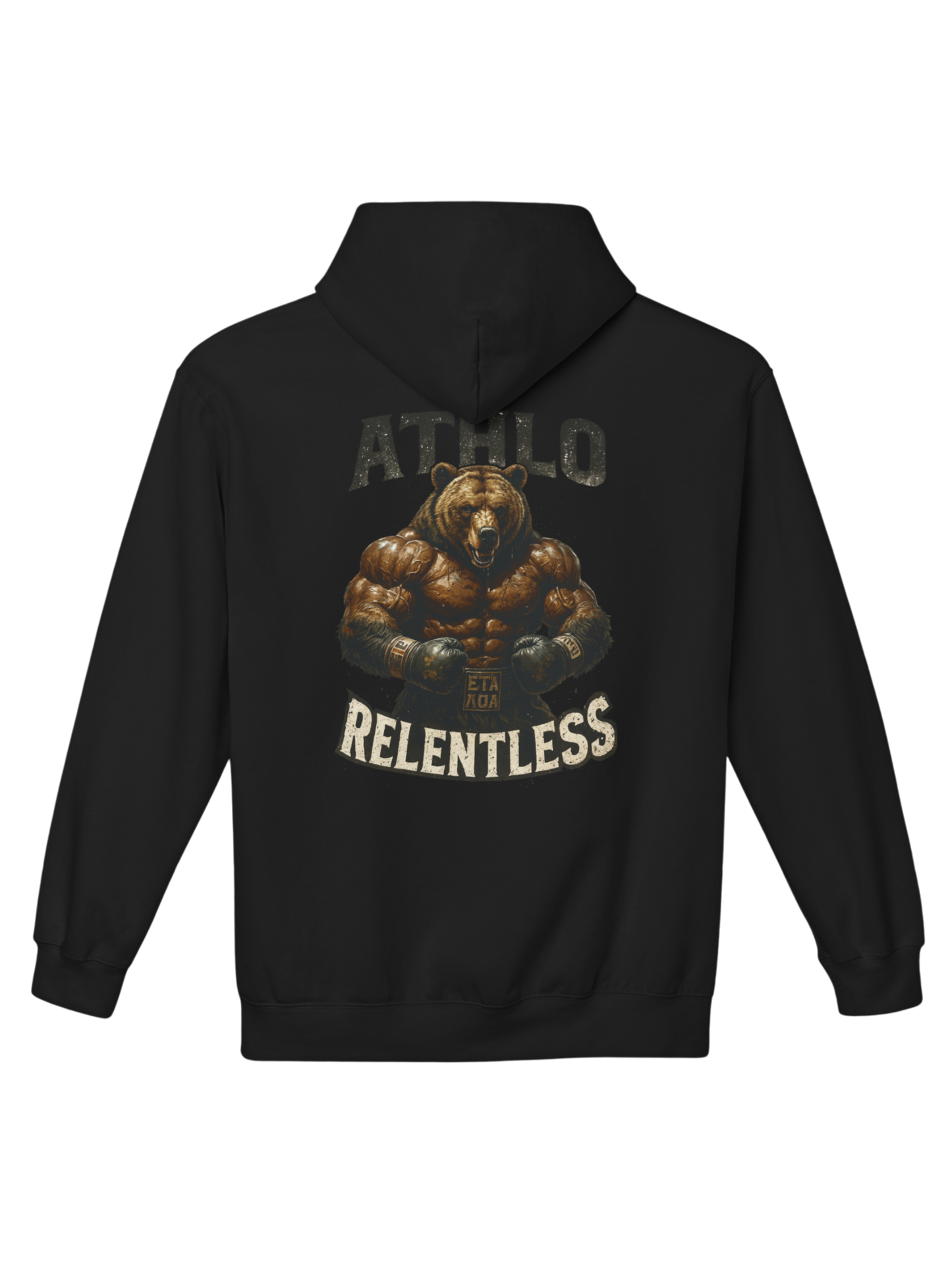 Athlo Athletics Angel of Truth hoodie back view in black featuring archangel artwork holding spear with red Truth text, embodying strength and moral courage.