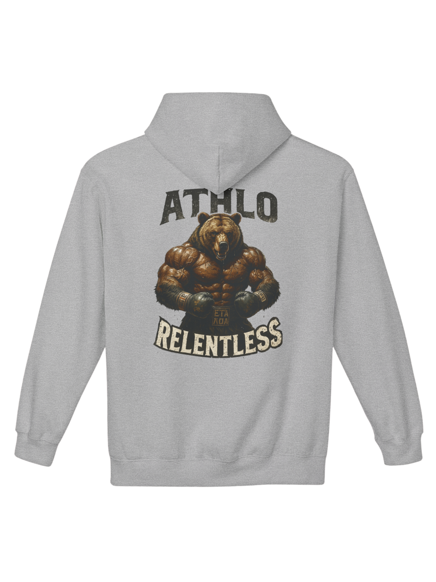 Athlo Athletics Angel of Truth hoodie back view in gray featuring archangel artwork with red Truth text, symbolizing strength, virtue, and resilience.