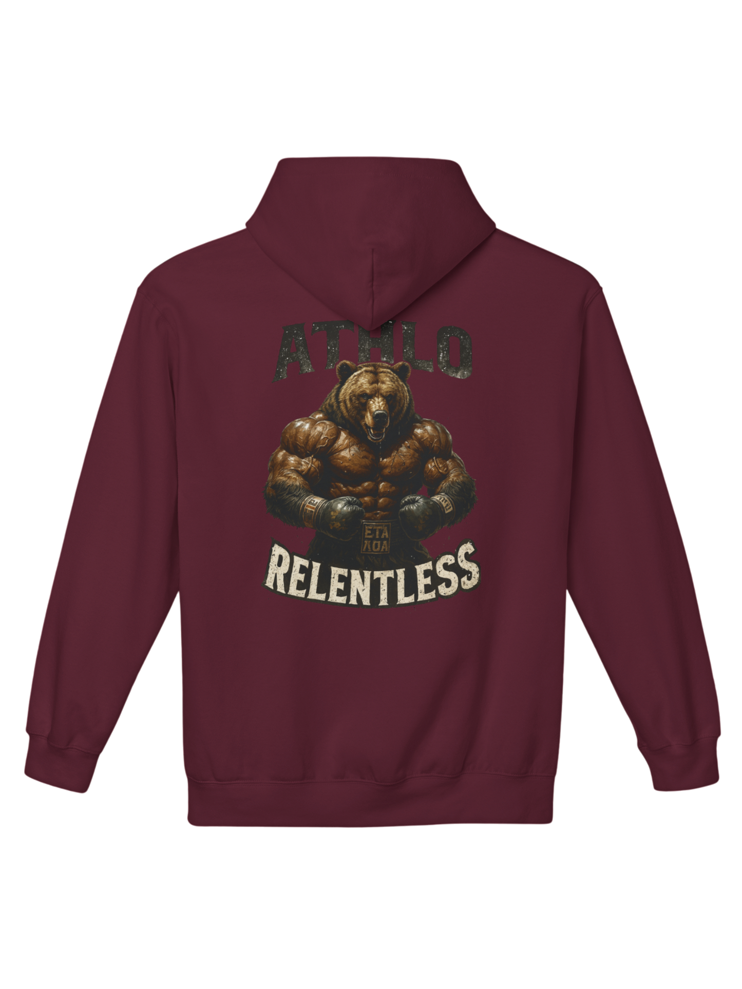 Athlo Athletics Angel of Truth hoodie back view in maroon showing detailed angel design holding spear with bold Truth lettering.