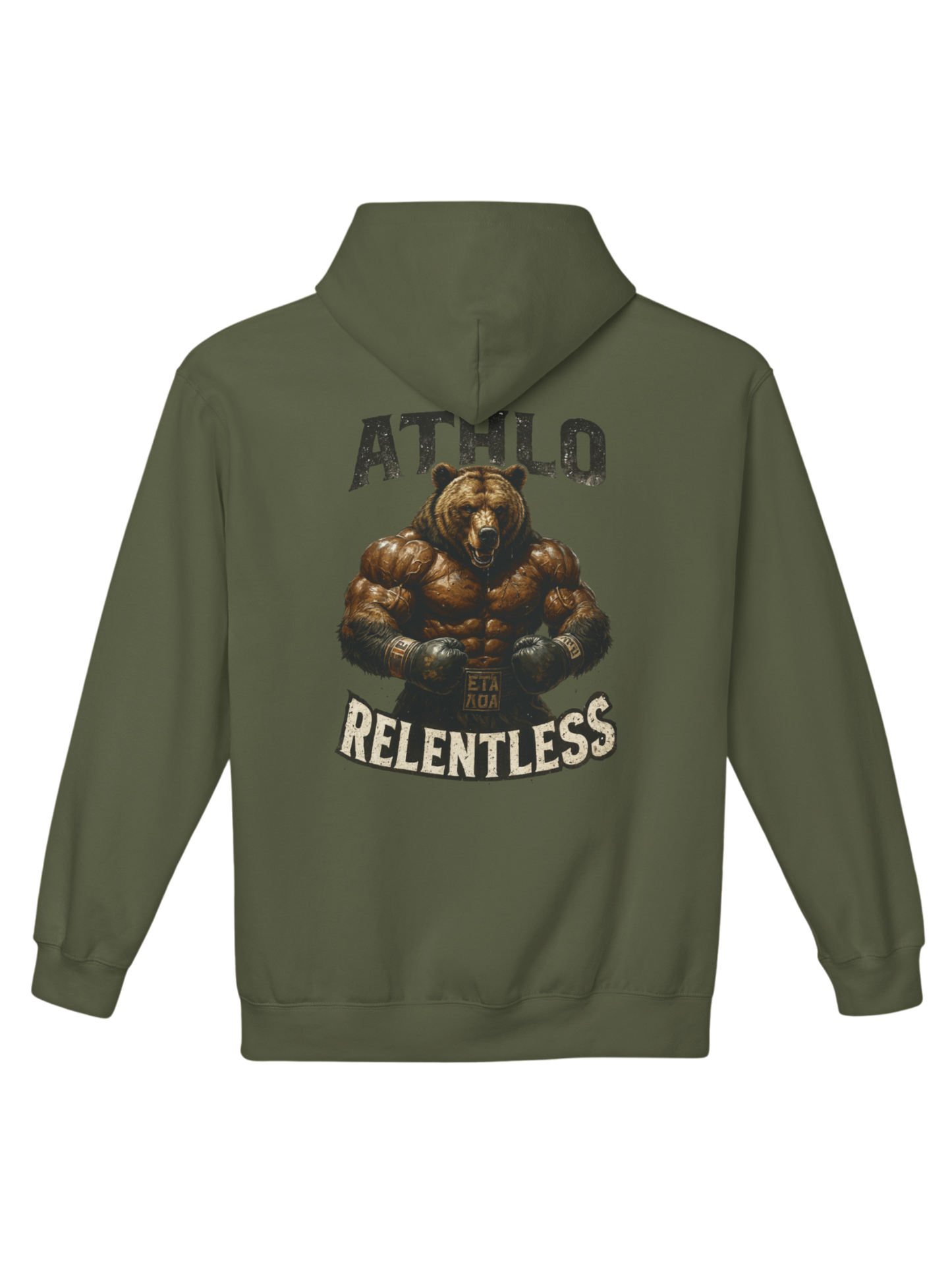 Athlo Athletics Angel of Truth hoodie back view in military green featuring powerful angel graphic with Truth text in red gothic font representing justice and discipline.