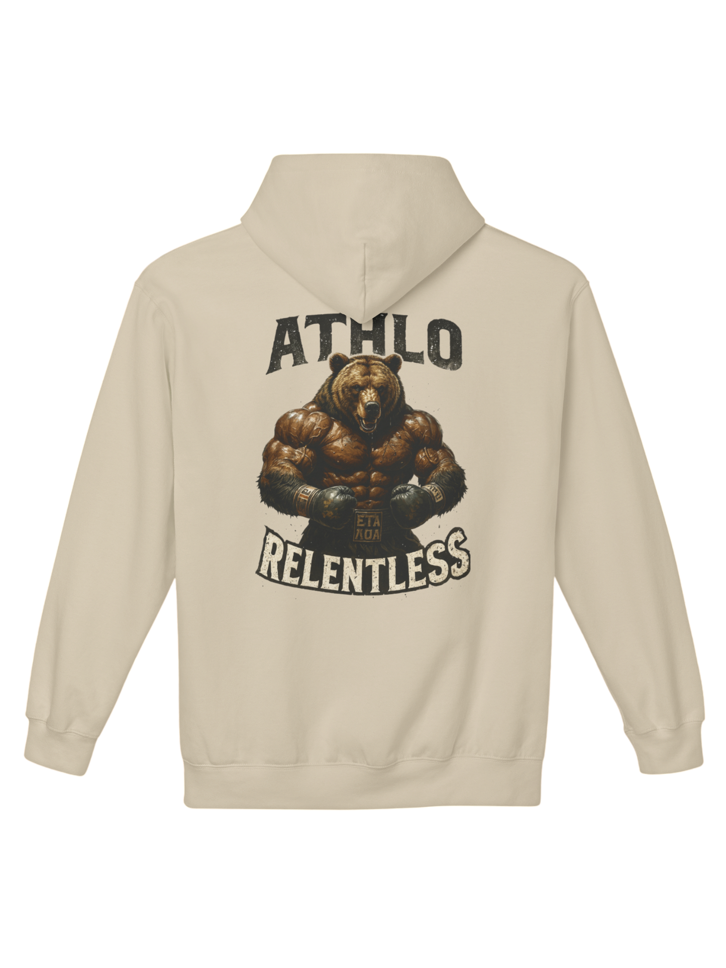 Athlo Athletics Angel of Truth hoodie back view in sand color featuring winged angel artwork and red Truth typography symbolizing strength through struggle.