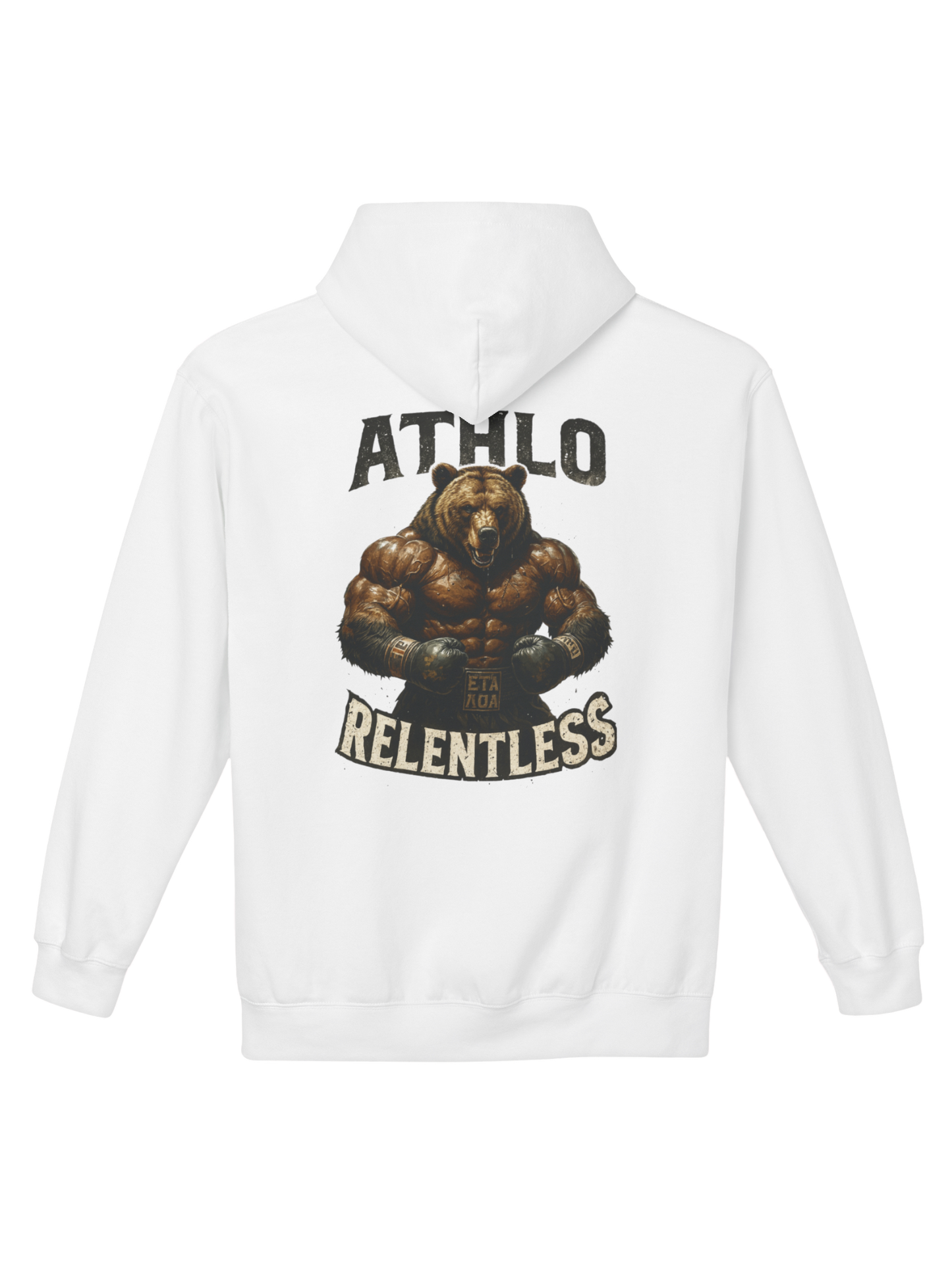 Athlo Athletics Angel of Truth hoodie back view in white showcasing detailed angel with spear and red Truth lettering.