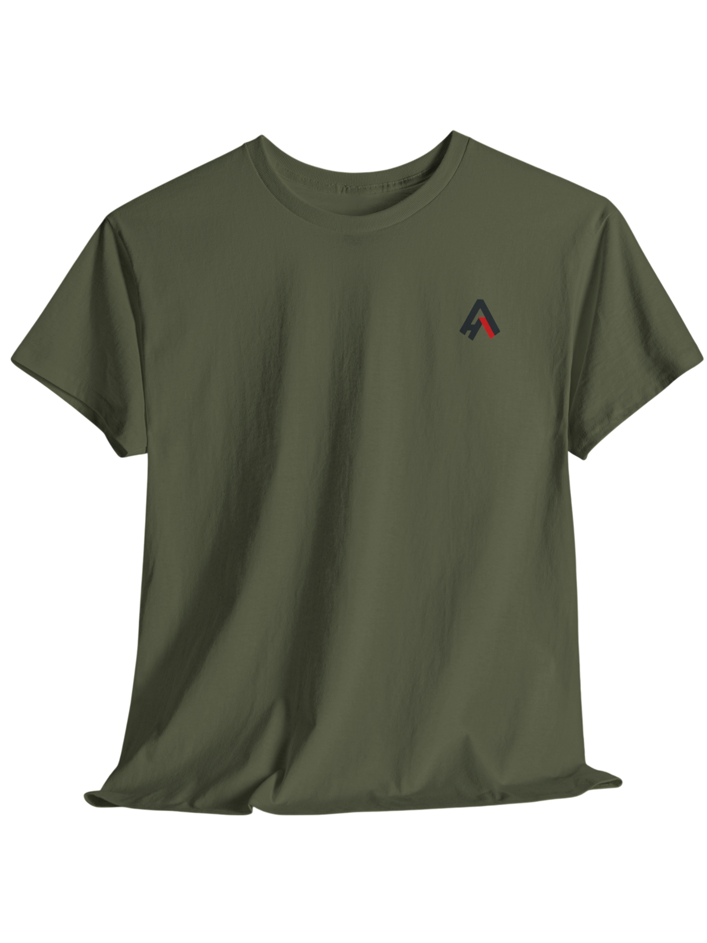 Athlo Athletics military green Relentless Grizzly T-shirt front view with subtle Athlo logo, premium performance tee.