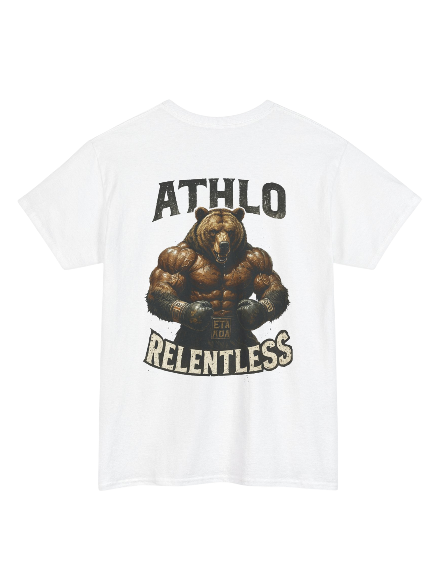 Athlo Athletics Relentless Grizzly T-shirt back view in white with muscular bear artwork and ATHLO RELENTLESS text, bold gym wear design.