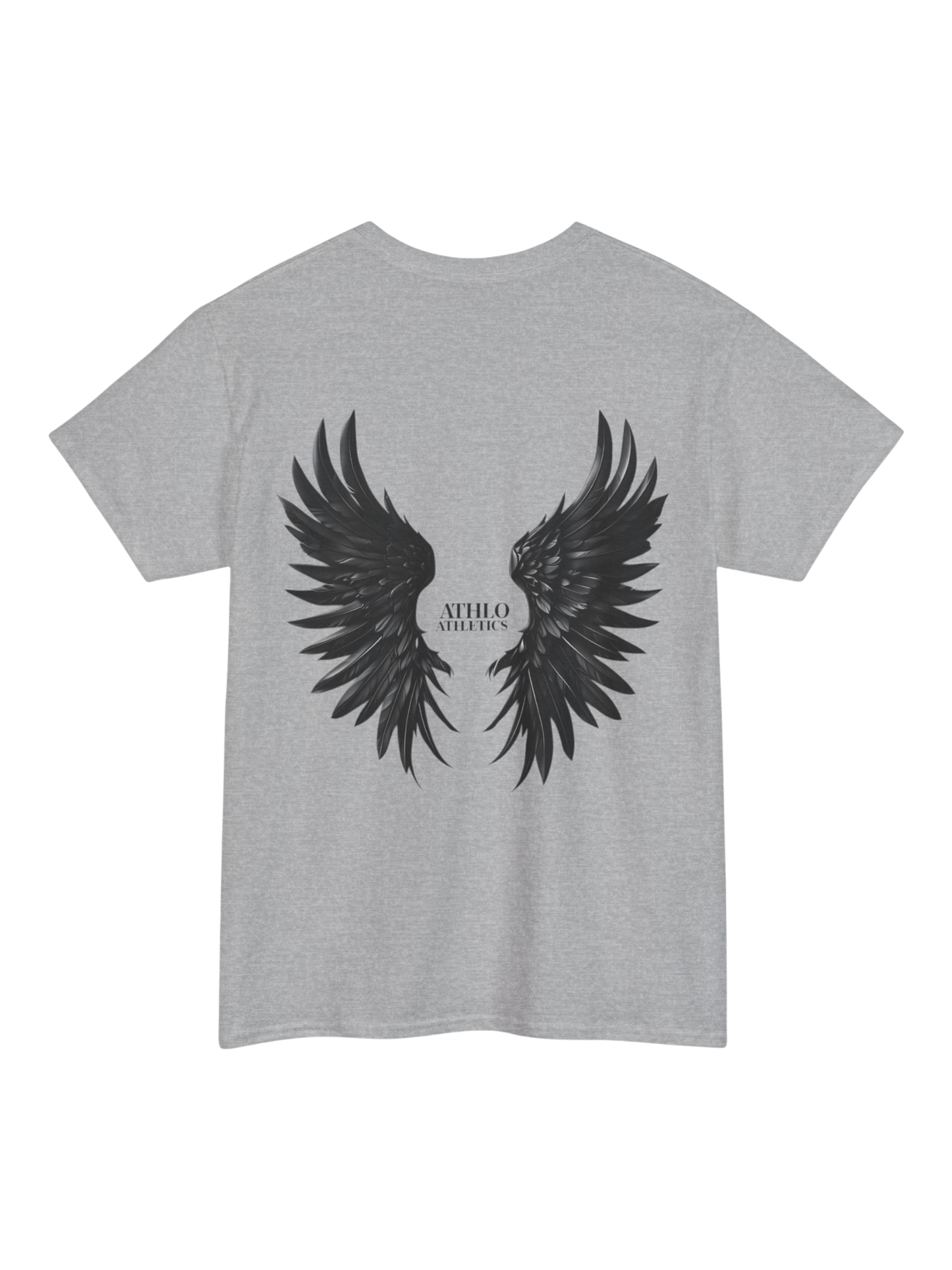 Athlo Athletics Rise Above T-shirt back view in heather gray with bold black wing print and Athlo Athletics branding.