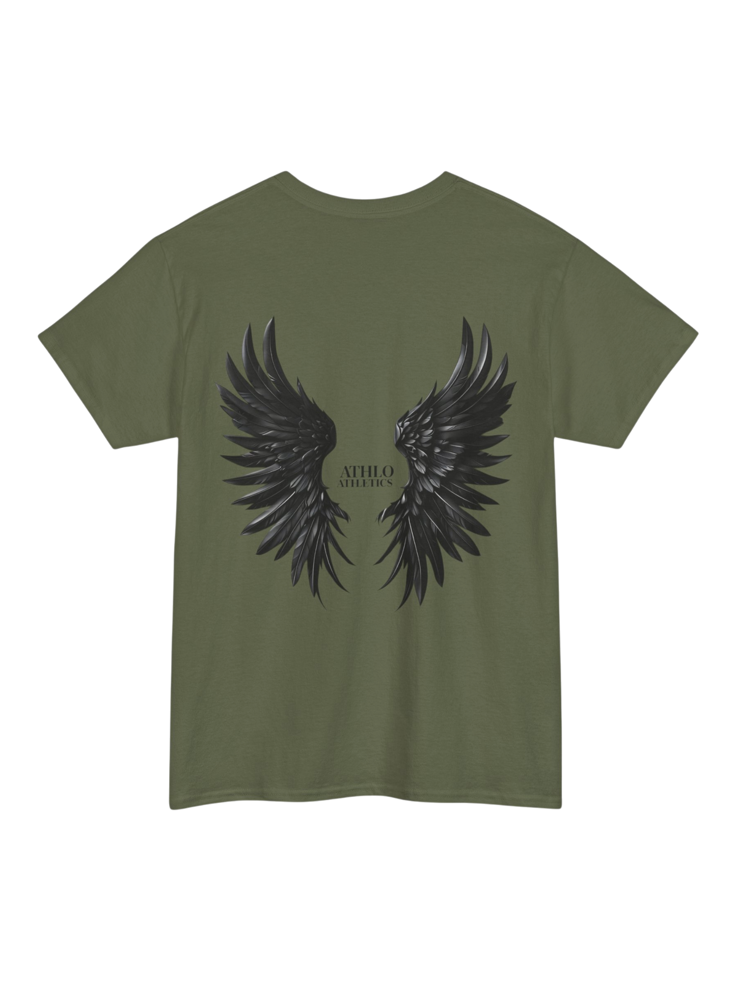 Athlo Athletics Rise Above T-shirt back view in military green featuring black angel wings design and Athlo Athletics logo.