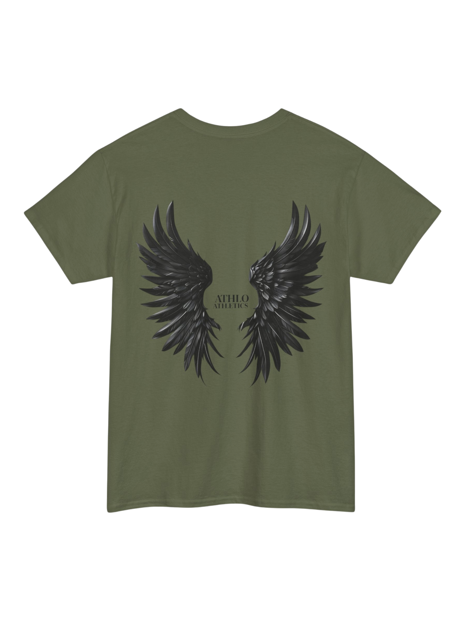 Athlo Athletics Rise Above T-shirt back view in military green featuring black angel wings design and Athlo Athletics logo.