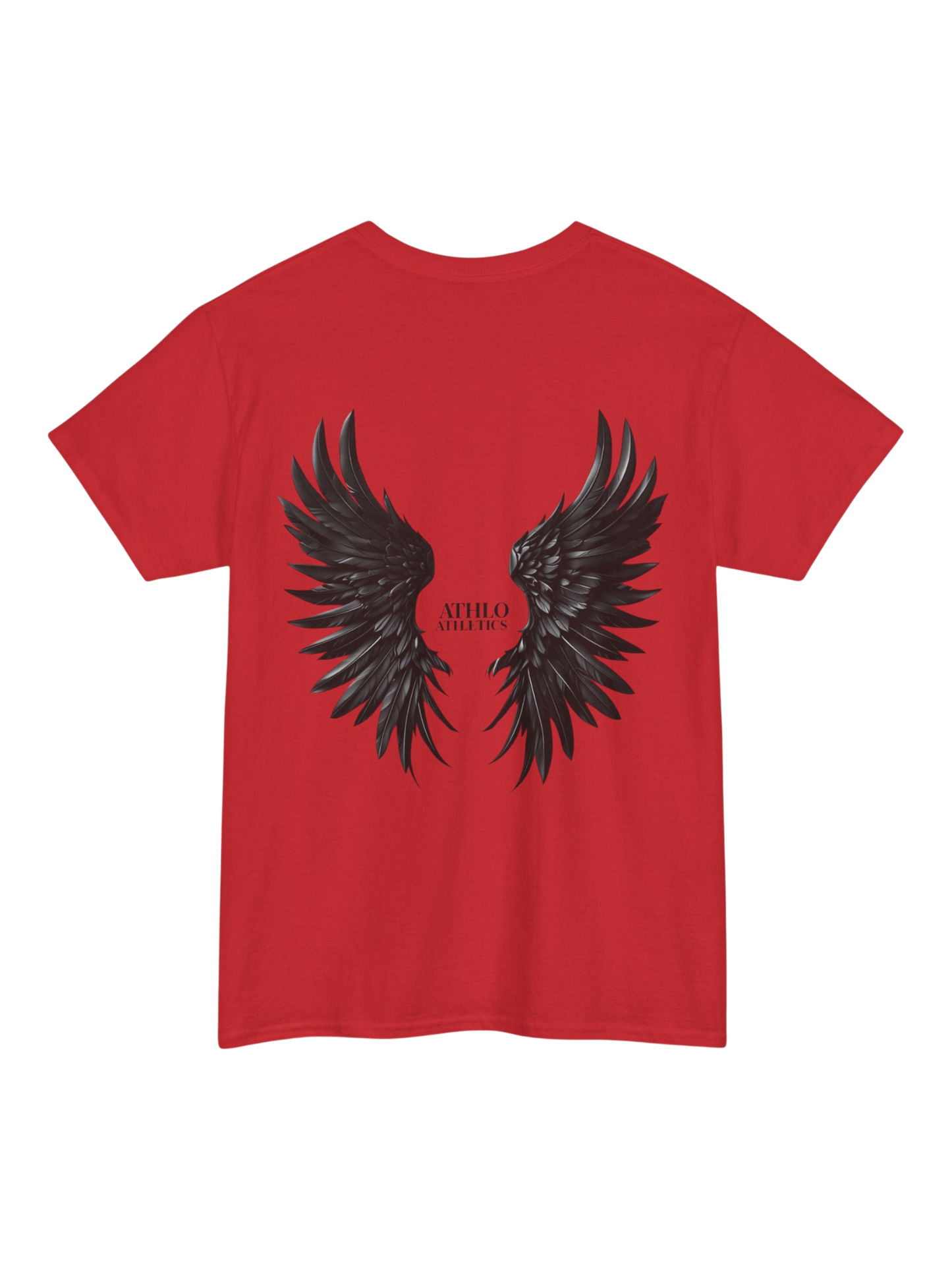 Athlo Athletics Rise Above T-shirt back view in red with black wing design symbolizing strength and resilience.