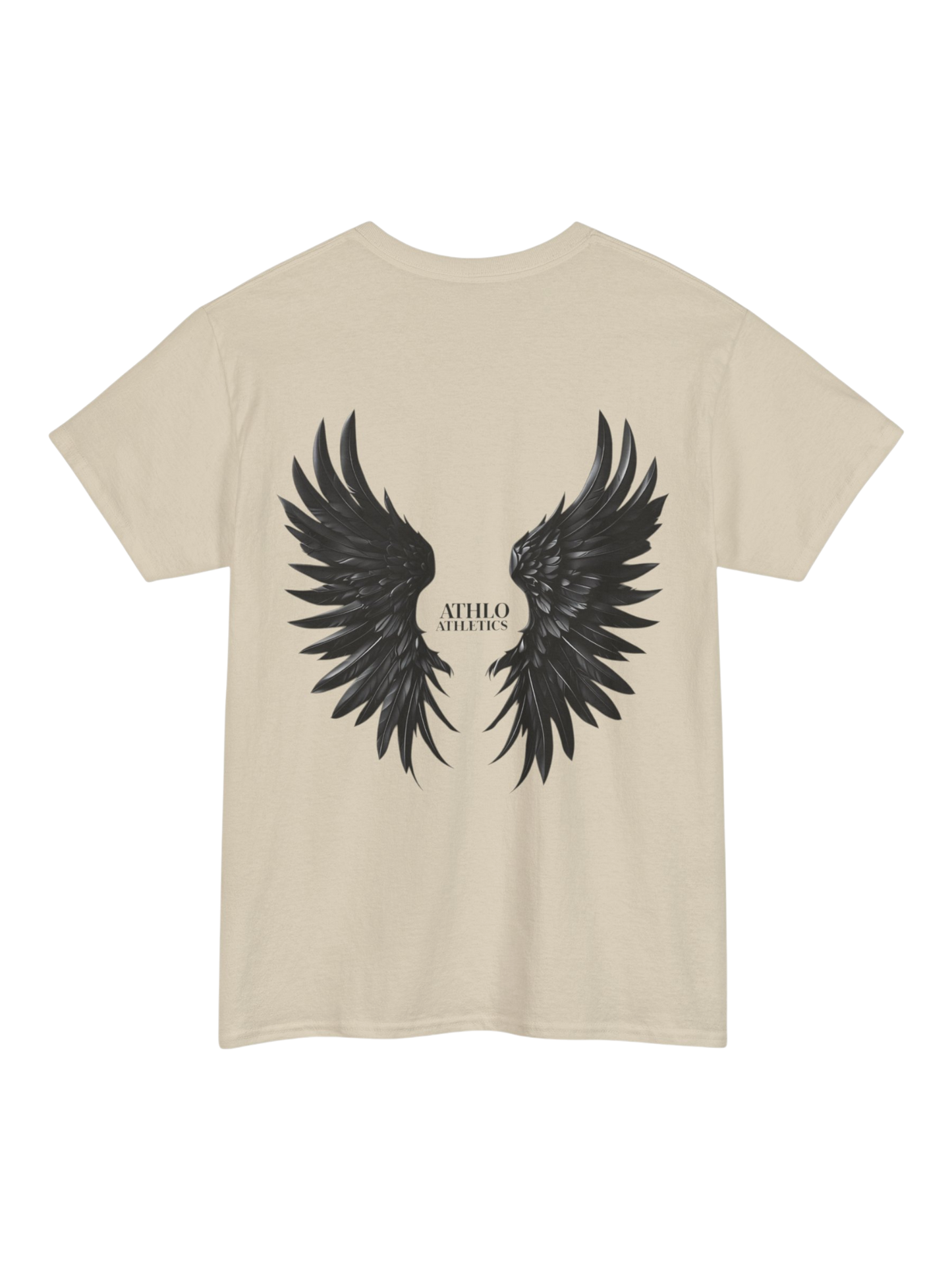 Athlo Athletics Rise Above T-shirt back view in sand color with detailed black wings graphic and Athlo Athletics text.