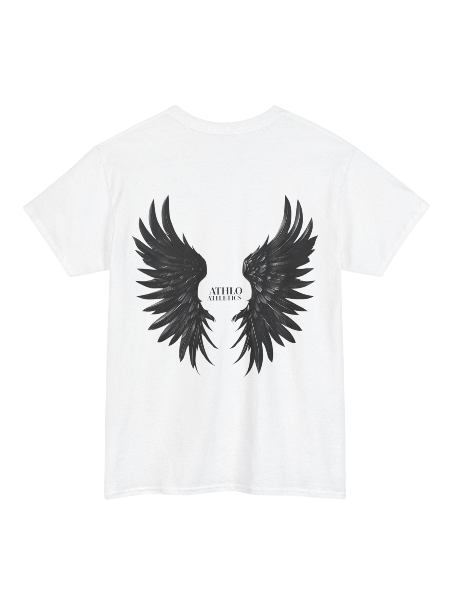 Athlo Athletics Rise Above T-shirt back view in white with black wings artwork representing power and freedom.
