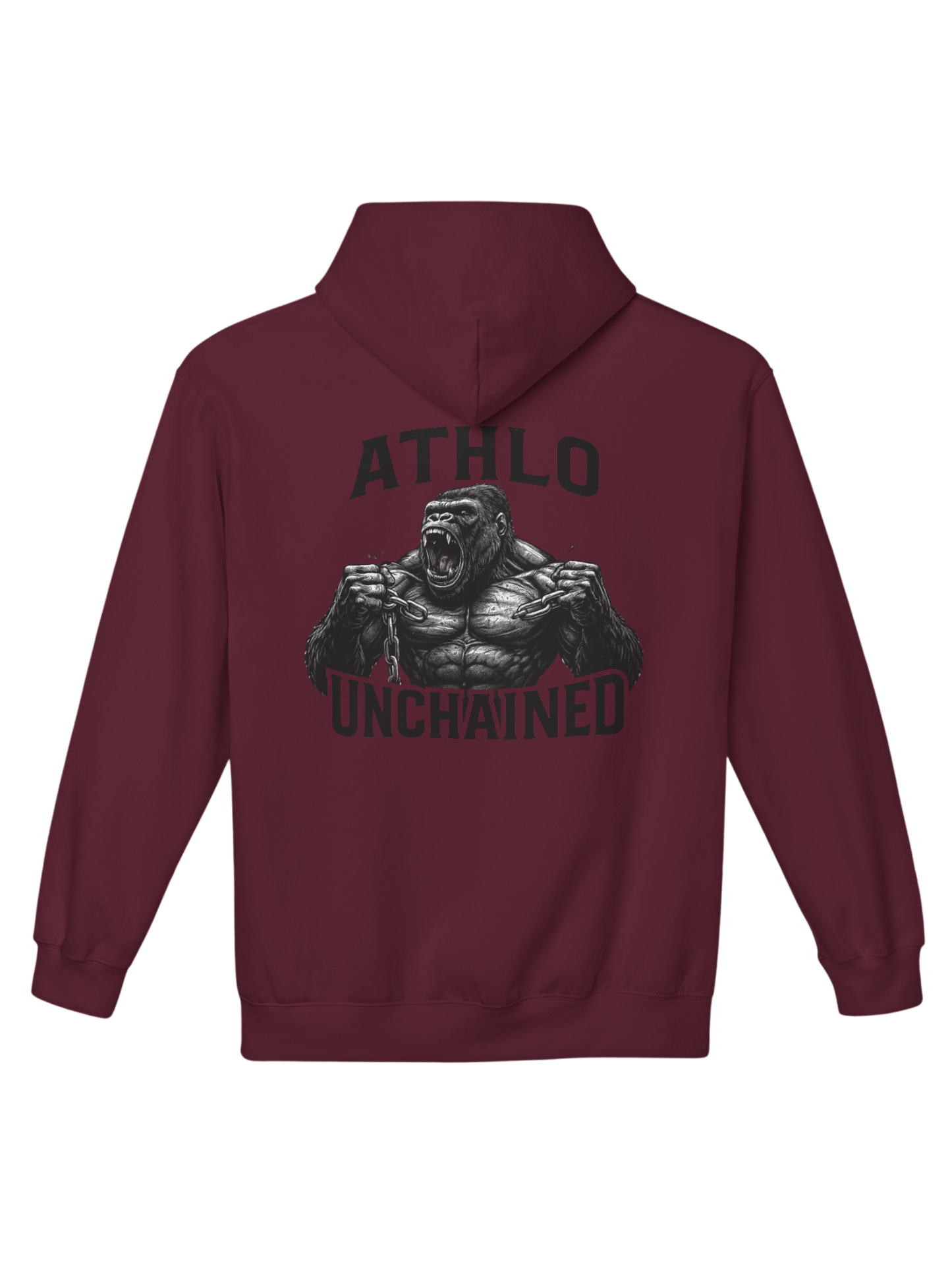 Athlo Athletics Unchained Strength hoodie back view in maroon showing detailed gorilla breaking chains artwork representing raw strength and freedom.