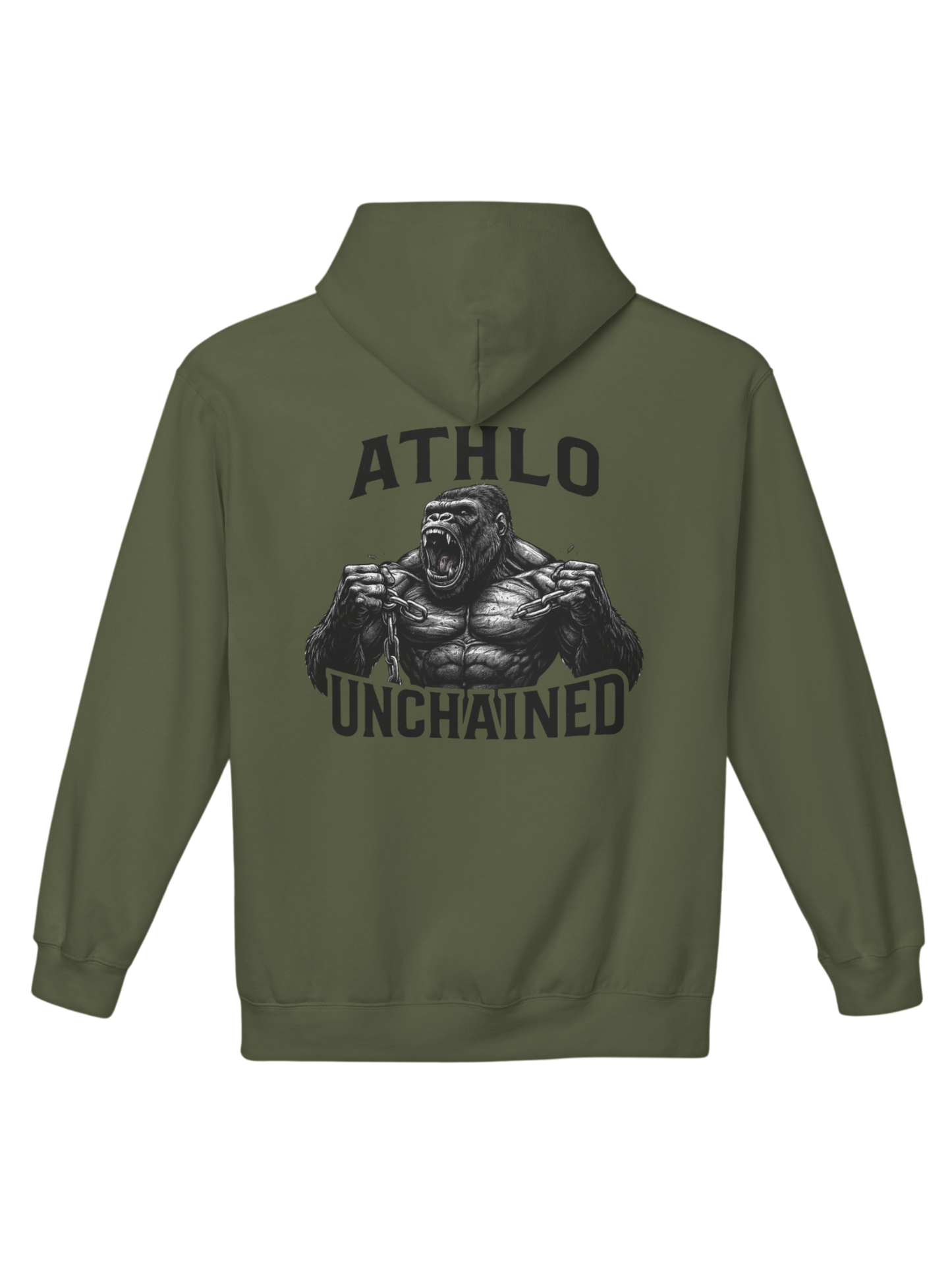 Athlo Athletics Unchained Strength hoodie back view in military green with aggressive gorilla design breaking free from chains, symbolizing resilience and power.