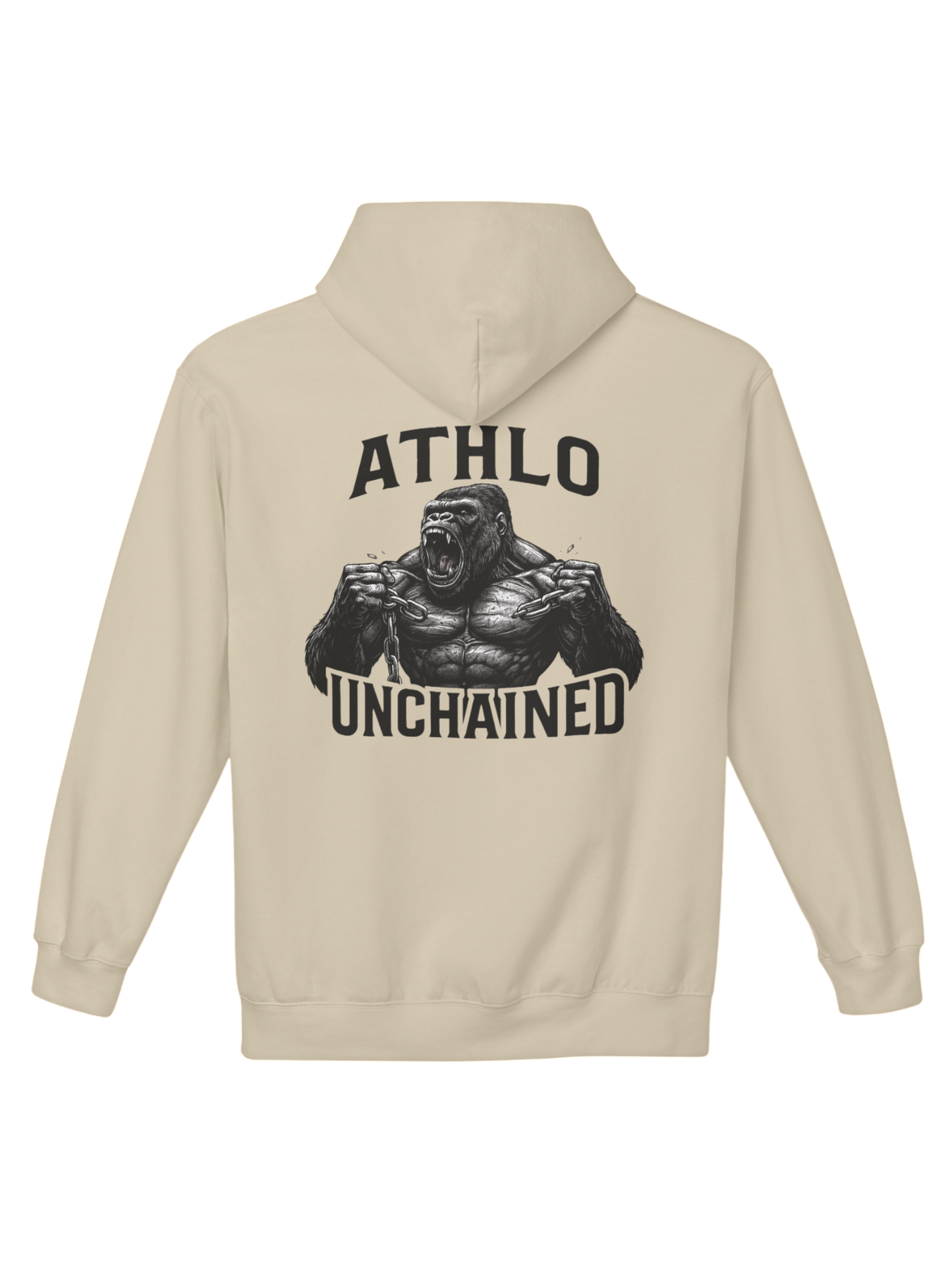 Athlo Athletics Unchained Strength hoodie back view in sand colour featuring bold gorilla breaking chains graphic and Athlo Unchained text.
