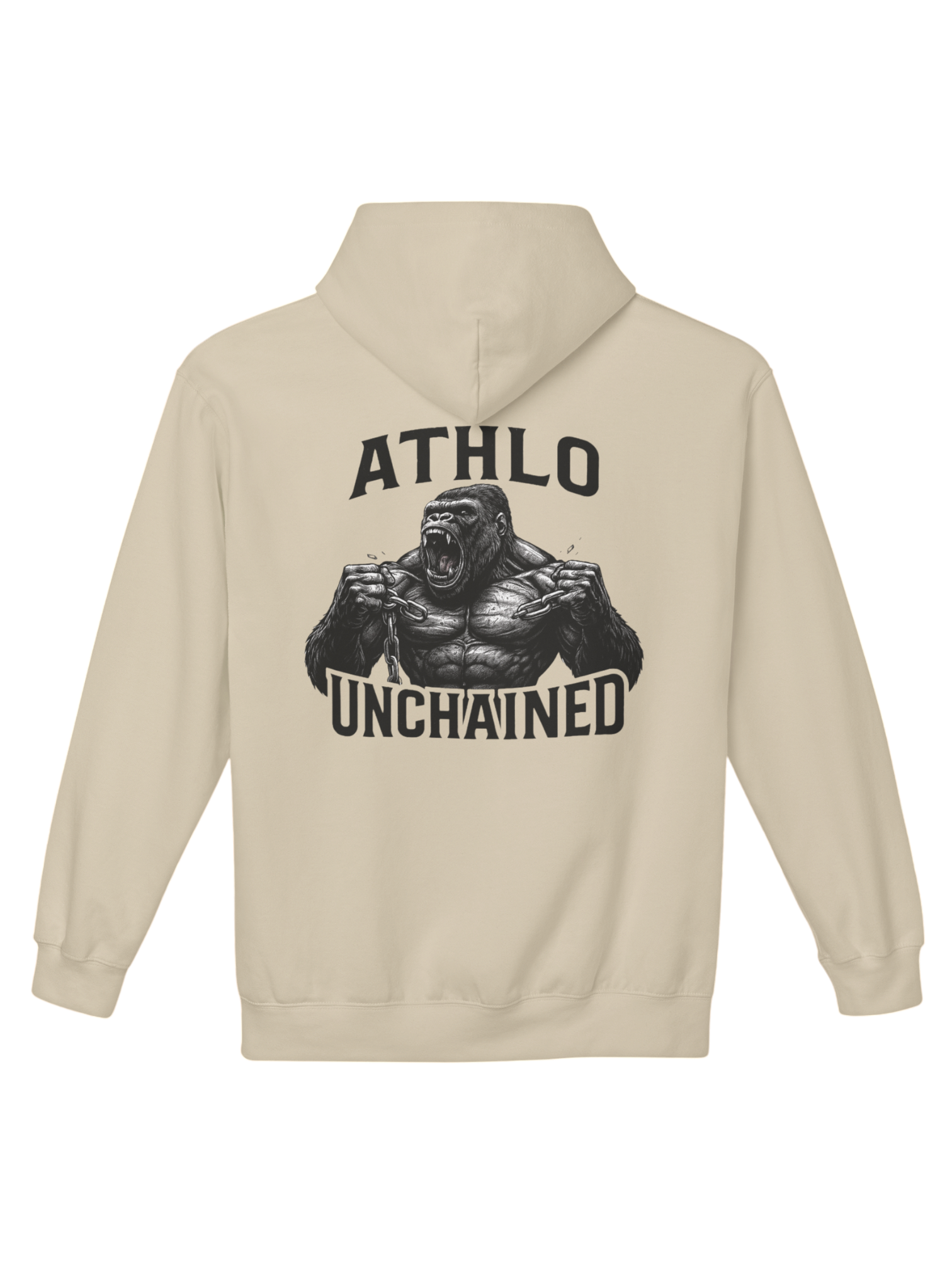 Athlo Athletics Unchained Strength hoodie back view in sand colour featuring bold gorilla breaking chains graphic and Athlo Unchained text.