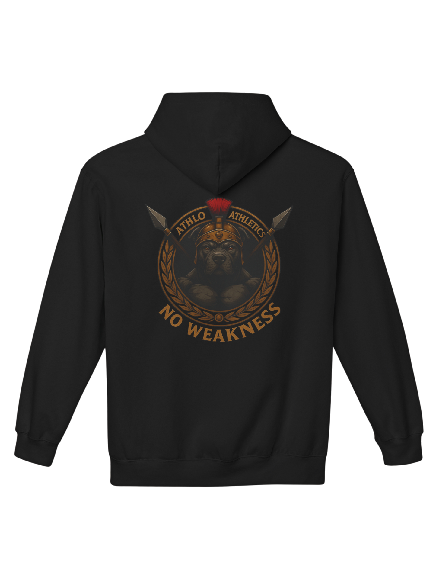 Athlo Athletics Warhound hoodie back view in black with fierce Spartan war dog emblem, red plume helmet, and Athlo Athletics No Weakness text.
