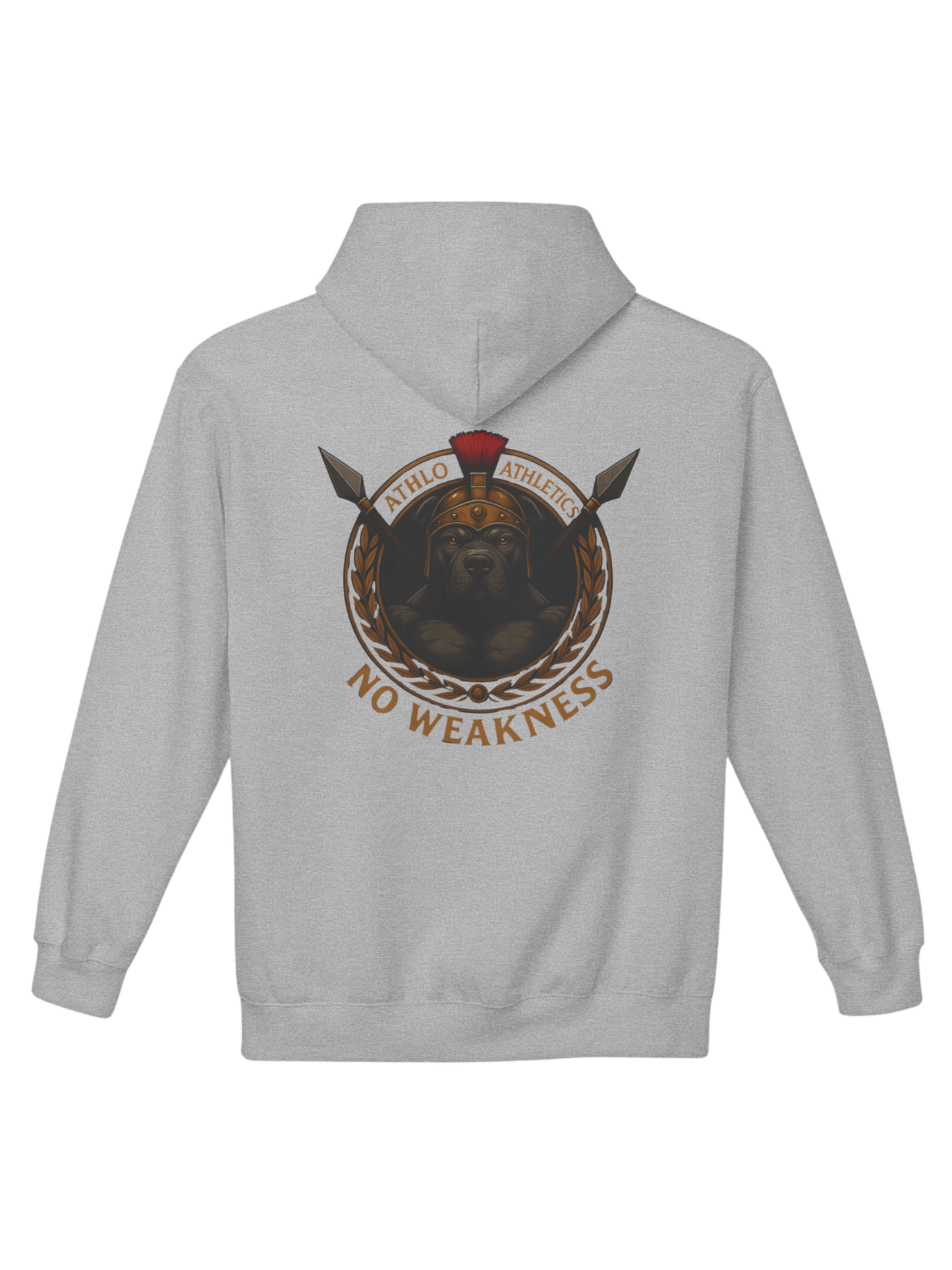 Athlo Athletics Warhound hoodie back view in gray featuring Spartan war dog design with laurel wreath and No Weakness motto symbolizing discipline and courage.