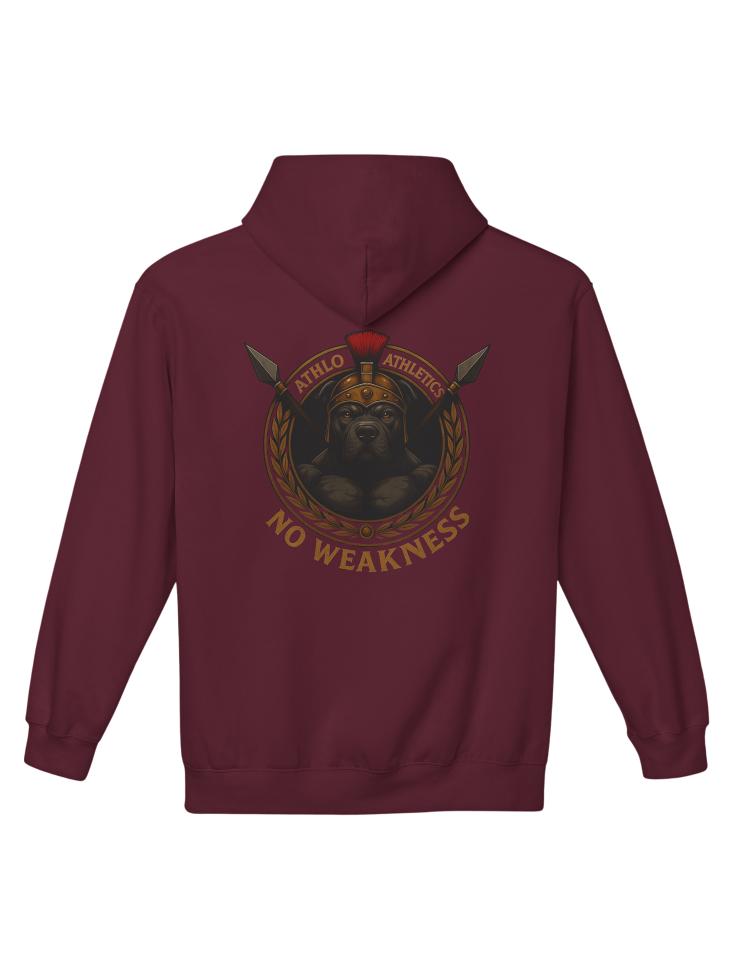 Athlo Athletics Warhound hoodie back view in maroon with detailed Spartan dog emblem, red plume helmet, and No Weakness banner.