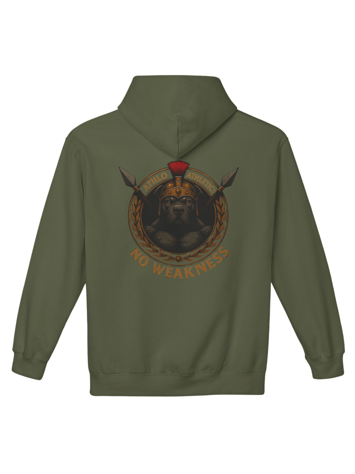 Athlo Athletics Warhound hoodie back view in military green showcasing powerful warrior dog design within laurel wreath and spears symbolizing loyalty and resilience.