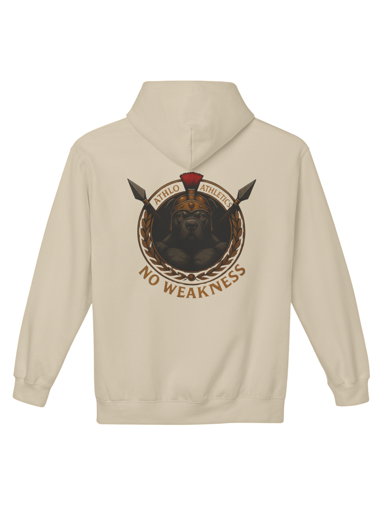 Athlo Athletics Warhound hoodie back view in sand color featuring bold No Weakness design with warrior dog crest and Athlo Athletics text.