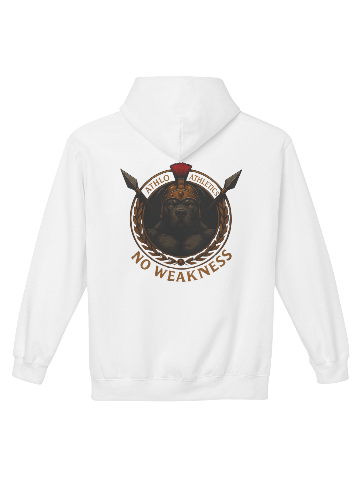 Athlo Athletics Warhound hoodie back view in white featuring Spartan warhound artwork with laurel wreath and motivational No Weakness phrase.