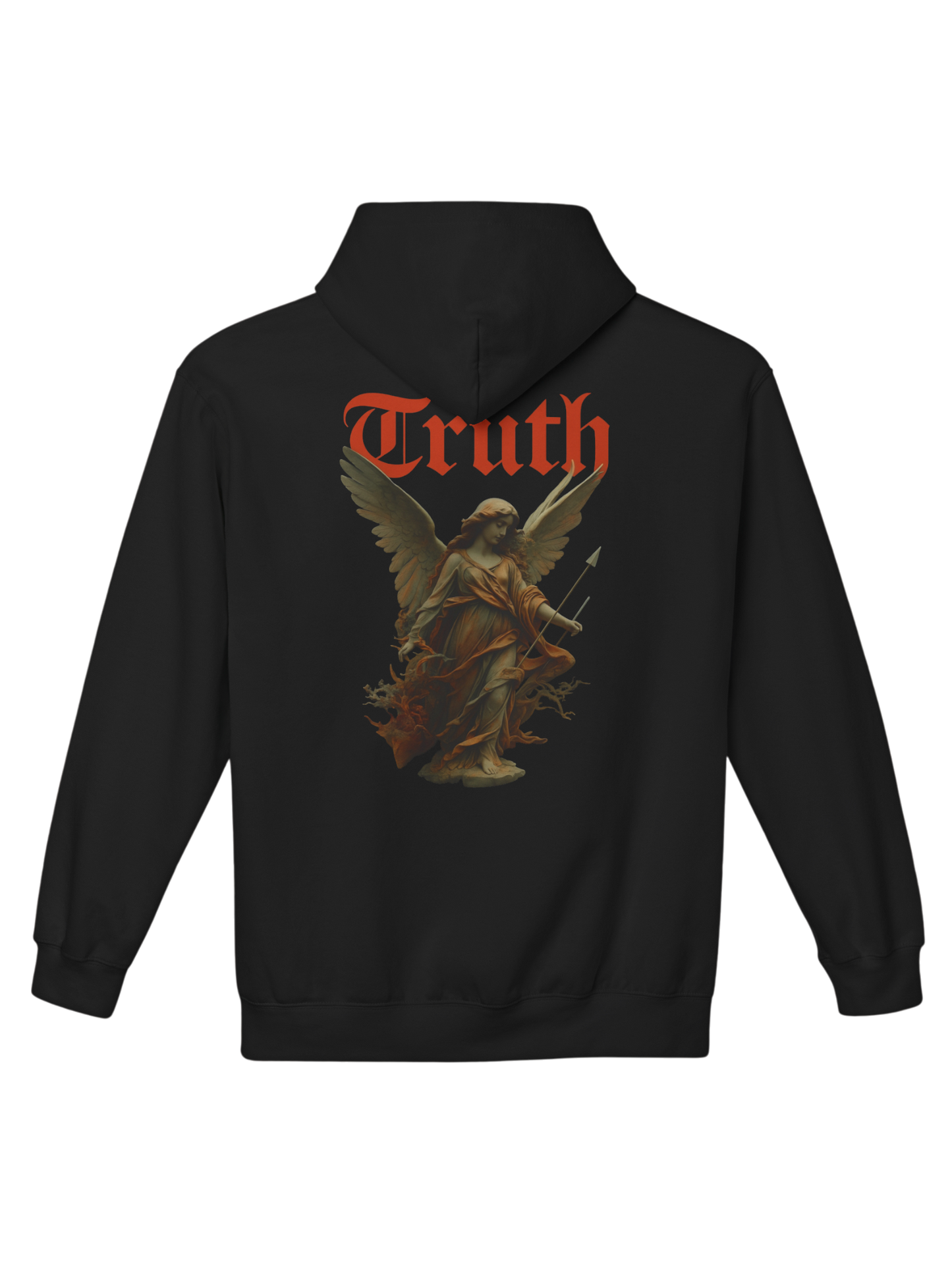 Athlo Athletics Angel of Truth hoodie back view in black featuring archangel artwork holding spear with red Truth text, embodying strength and moral courage.