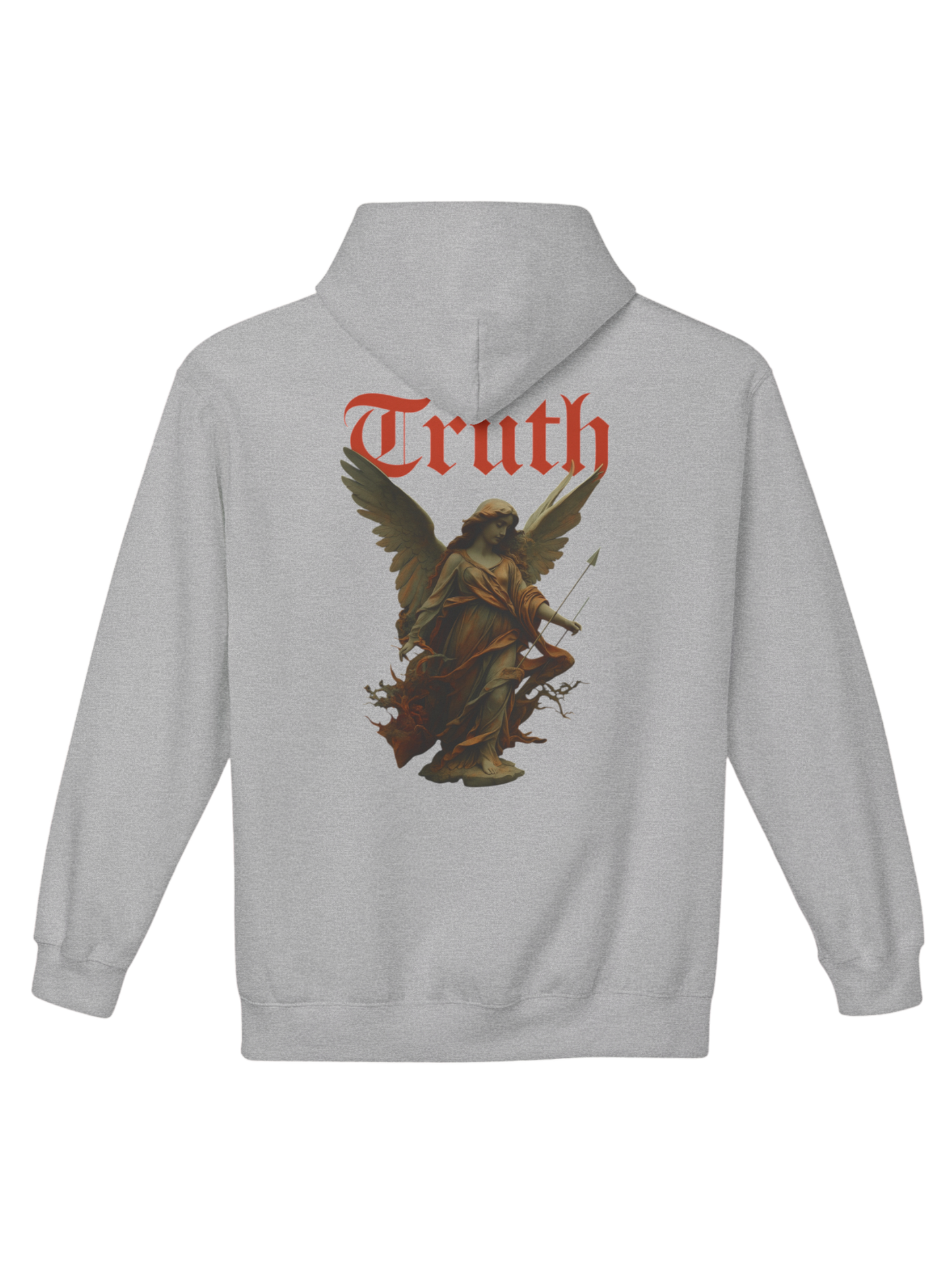 Athlo Athletics Angel of Truth hoodie back view in gray featuring archangel artwork with red Truth text, symbolizing strength, virtue, and resilience.
