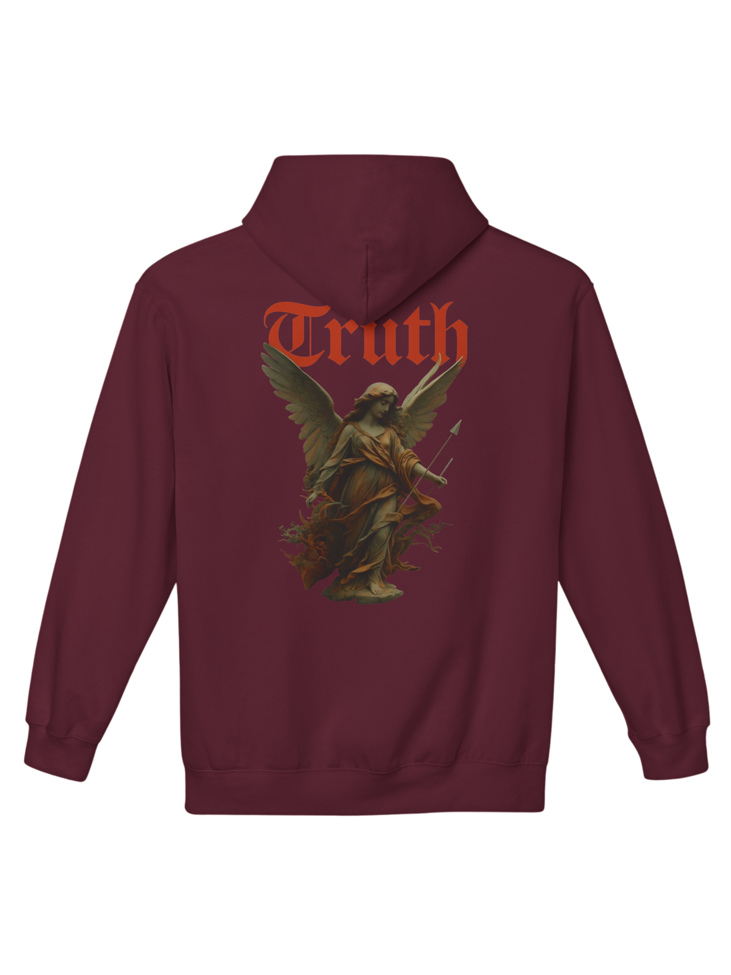 Athlo Athletics Angel of Truth hoodie back view in maroon showing detailed angel design holding spear with bold Truth lettering.