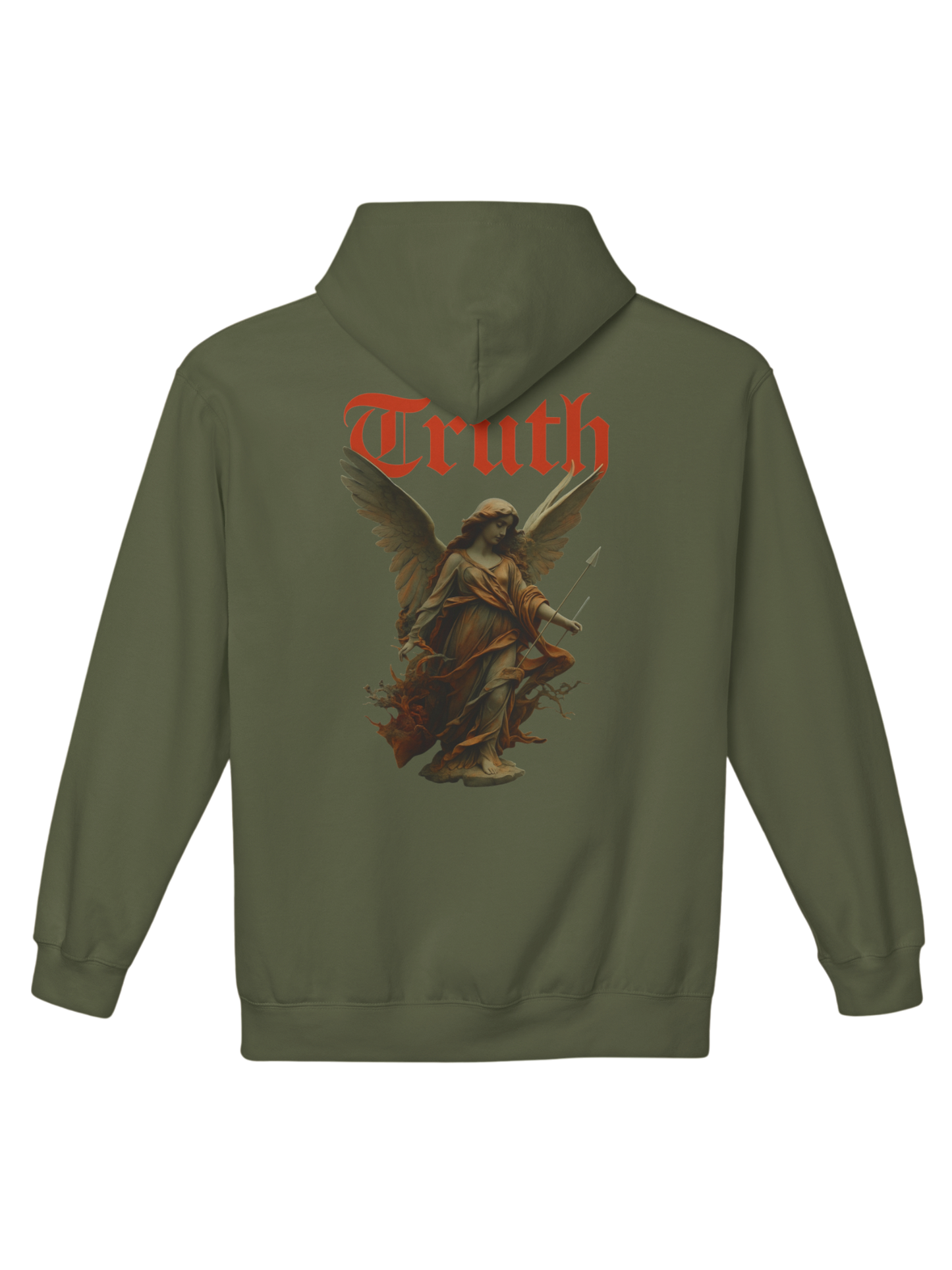 Athlo Athletics Angel of Truth hoodie back view in military green featuring powerful angel graphic with Truth text in red gothic font representing justice and discipline.