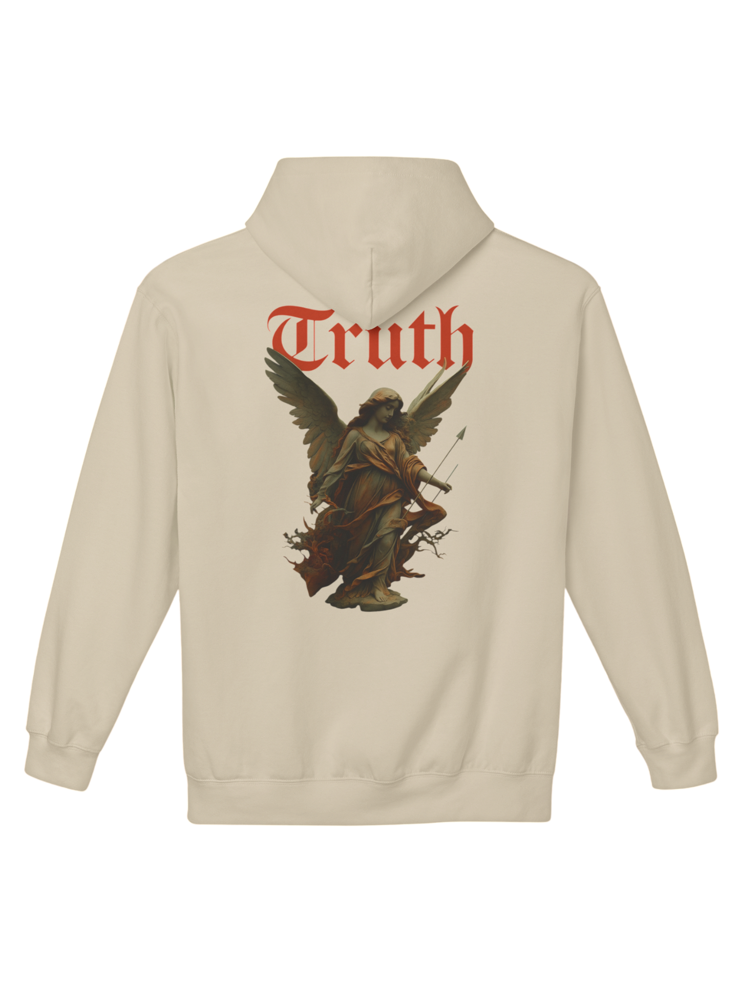 Athlo Athletics Angel of Truth hoodie back view in sand color featuring winged angel artwork and red Truth typography symbolizing strength through struggle.