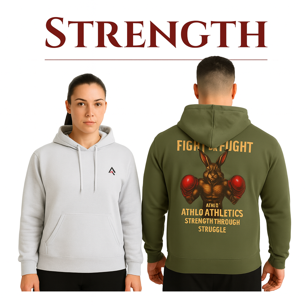 Two models wear grey Athlo Athletics hoodies in a gym. One faces forward, the other shows the back with a bold angel and “Truth” graphic. “ATHLO ATHLETICS” is printed on the sleeves. White “STRENGTH” text appears at the bottom against a dark background.