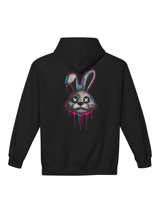 Athlo Athletics Savage Bunny black heavyweight hoodie featuring a bold graffiti rabbit graphic on the back for gym, streetwear and fitness enthusiasts.