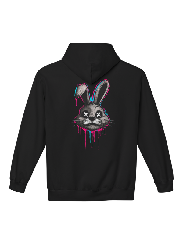 Athlo Athletics Savage Bunny black heavyweight hoodie featuring a bold graffiti rabbit graphic on the back for gym, streetwear and fitness enthusiasts.