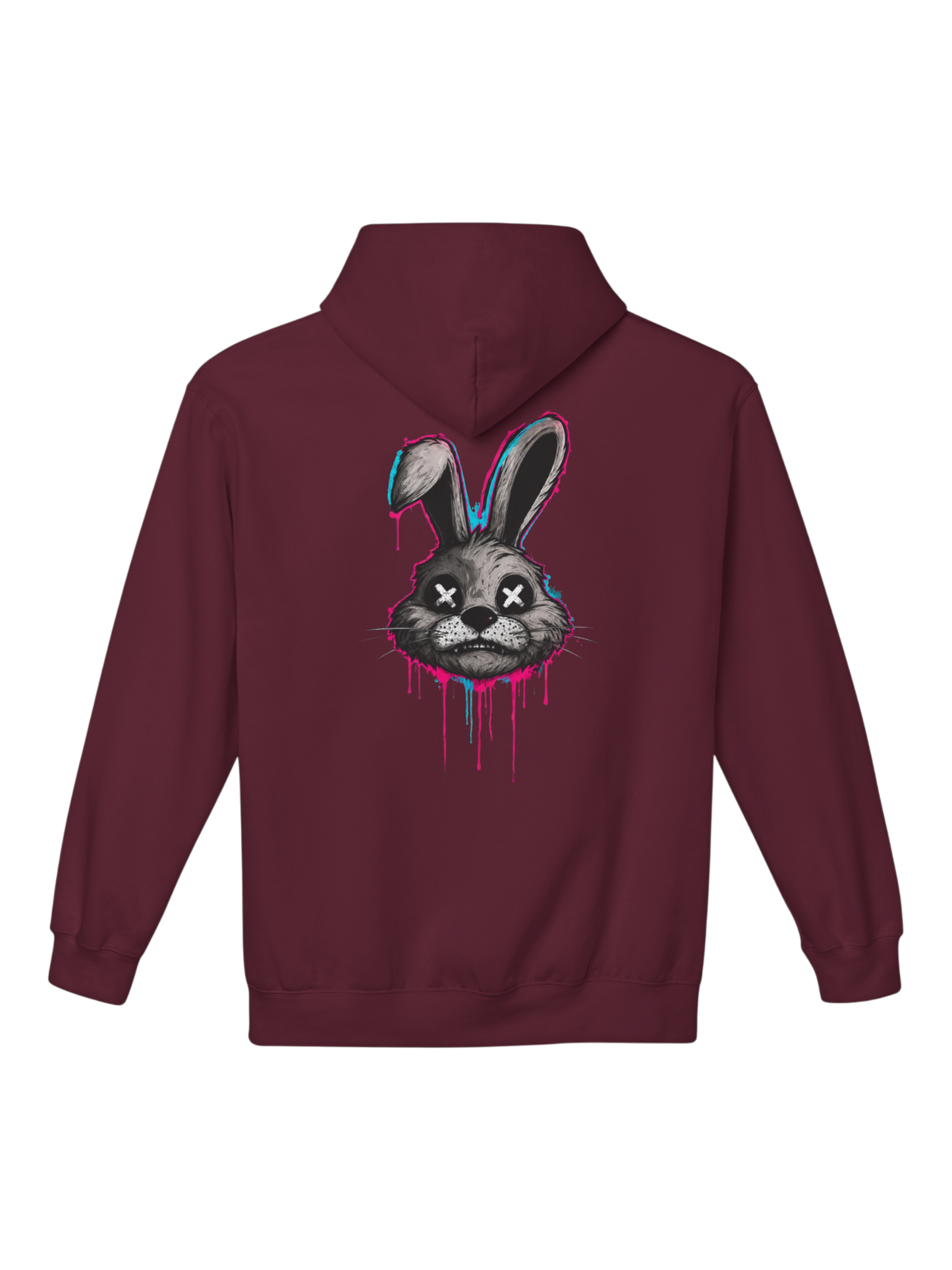 Athlo Athletics Savage Bunny maroon heavyweight hoodie with vibrant graffiti rabbit artwork on the back, designed for gym and casual wear.