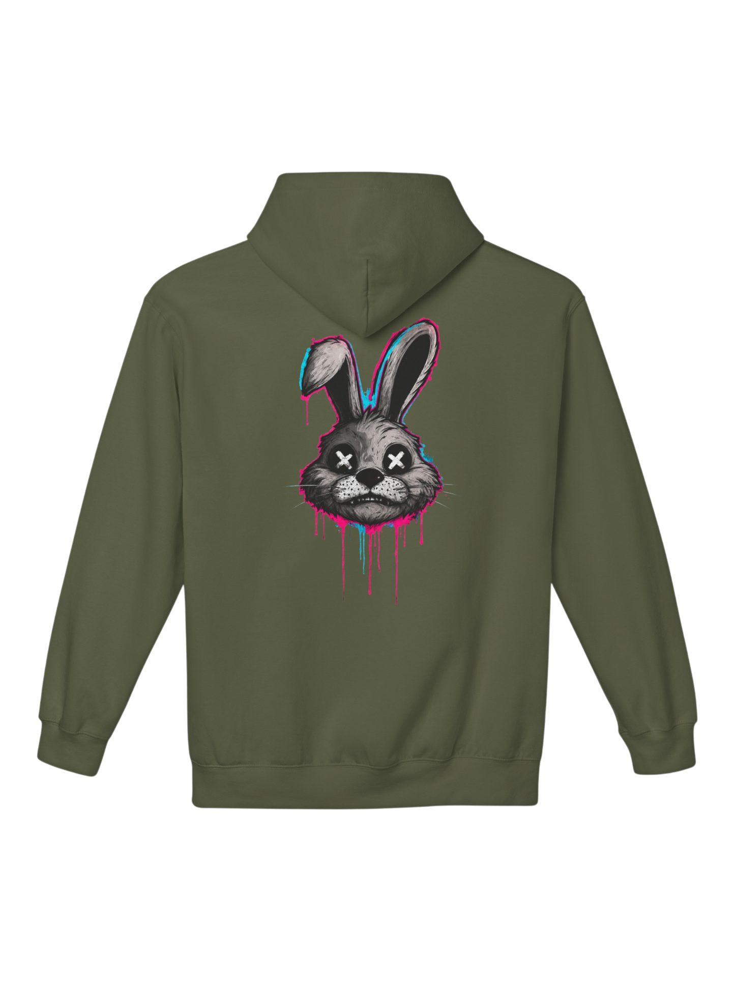 Athlo Athletics Savage Bunny military green heavyweight hoodie featuring colourful graffiti bunny artwork on the back for fitness and streetwear.