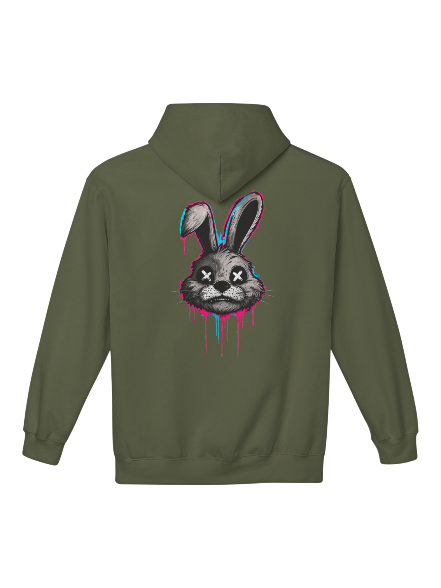 Athlo Athletics Savage Bunny military green heavyweight hoodie featuring colourful graffiti bunny artwork on the back for fitness and streetwear.