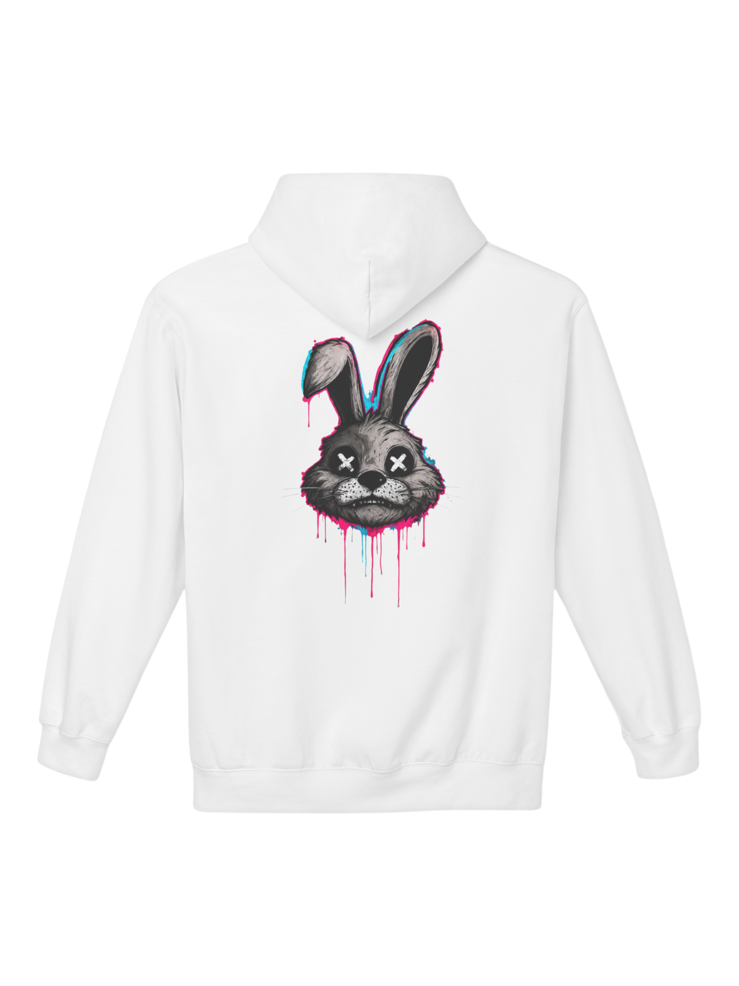 Athlo Athletics Savage Bunny white heavyweight hoodie featuring colourful graffiti bunny artwork on the back, premium fitness apparel.
