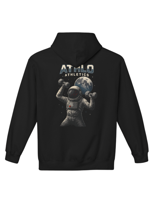 Athlo Athletics Cosmic Strength hoodie back view in black featuring astronaut lifting dumbbells under moonlight with Athlo Athletics branding, representing power beyond limits.