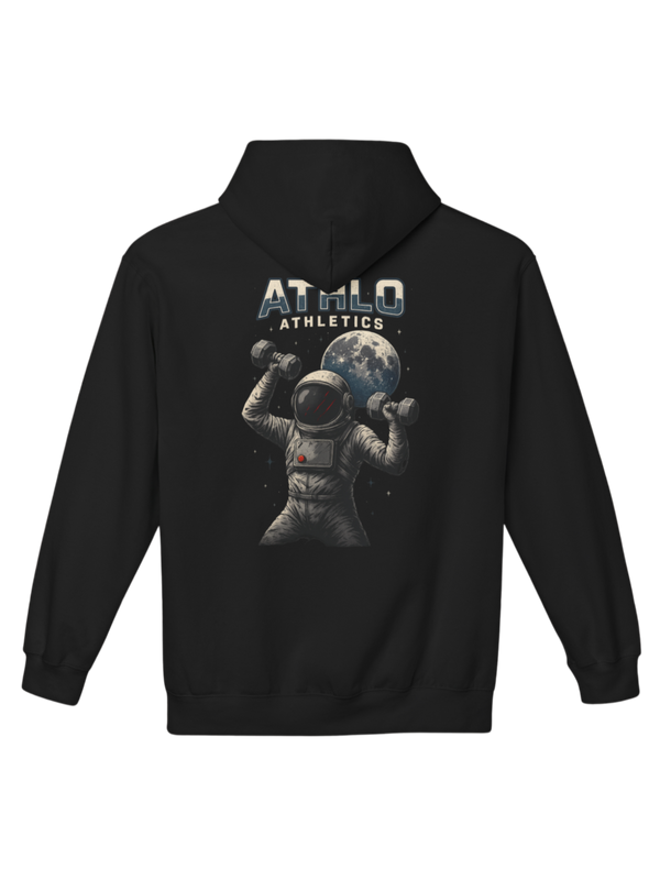 Athlo Athletics Cosmic Strength hoodie back view in black featuring astronaut lifting dumbbells under moonlight with Athlo Athletics branding, representing power beyond limits.