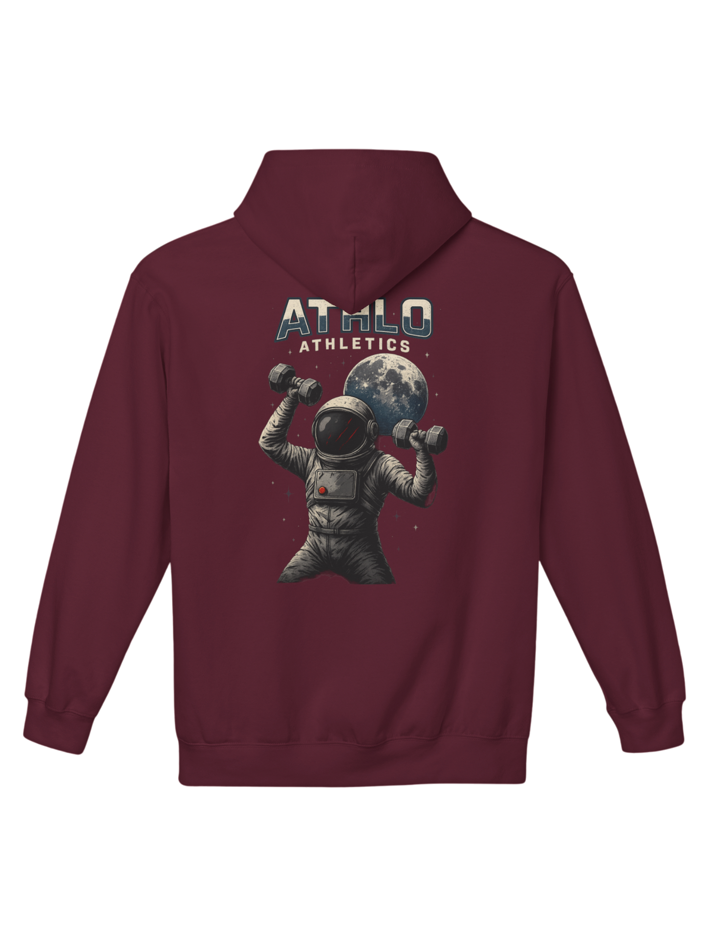 Athlo Athletics Cosmic Strength hoodie front view in gray with minimalist Athlo Athletics chest logo.