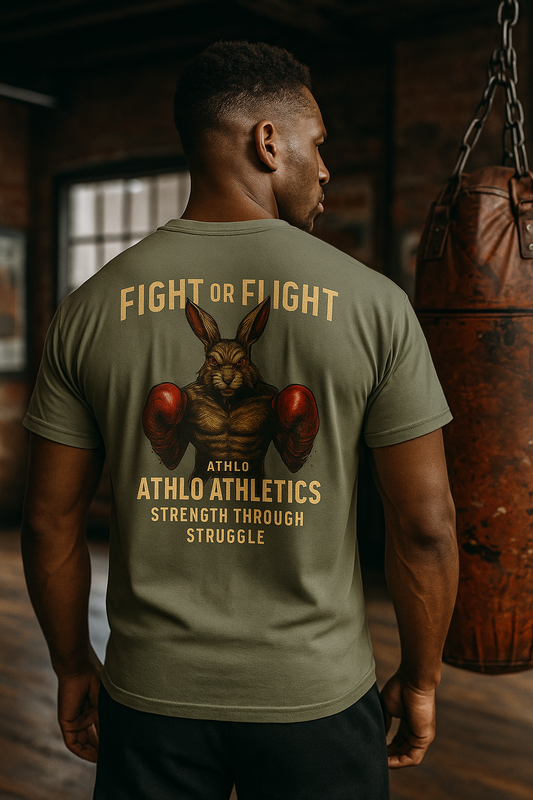Man wearing a green t-shirt with 'Fight or Flight' design in a gym setting