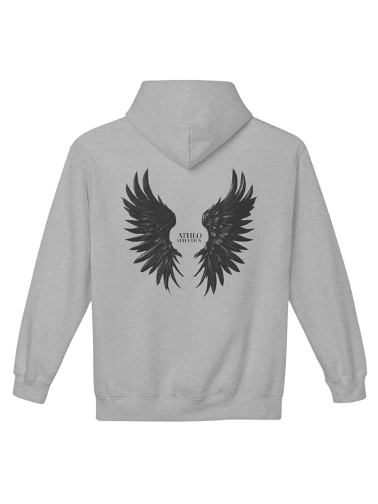 Athlo Athletics Rise Above hoodie back view in gray featuring black angel wings design symbolizing strength, freedom, and resilience.
