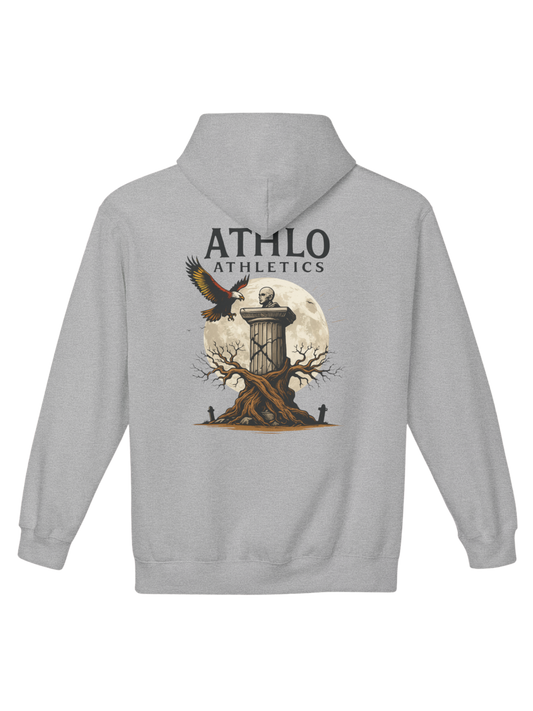 Athlo Athletics Roots of Resilience hoodie back view in gray featuring statue and eagle design over a full moon, symbolizing strength and endurance.