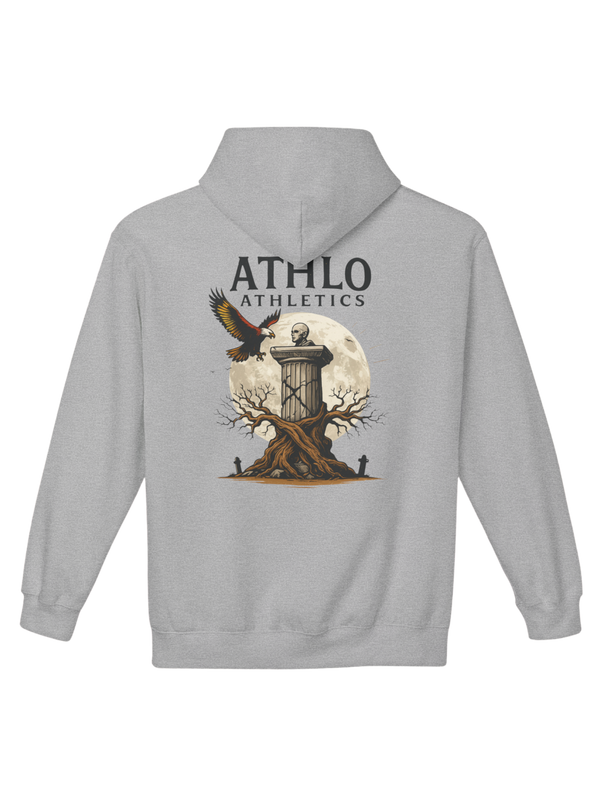 Athlo Athletics Roots of Resilience hoodie back view in gray featuring statue and eagle design over a full moon, symbolizing strength and endurance.