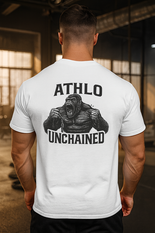 Person wearing a white t-shirt with a gorilla graphic and 'ATHLO UNCHAINED' text on the back.