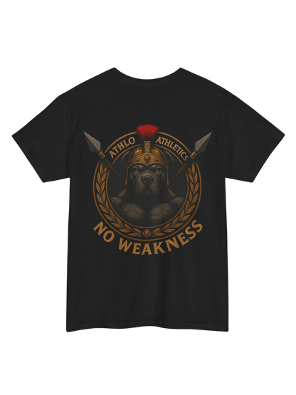 Athlo Athletics WarHound T-Shirt in black back view featuring Spartan pit bull design with “No Weakness” text.