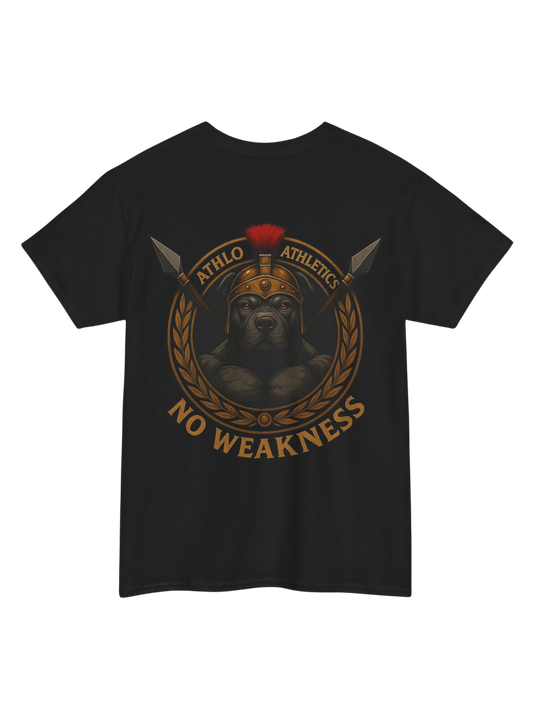 Athlo Athletics WarHound T-Shirt in black back view featuring Spartan pit bull design with “No Weakness” text.
