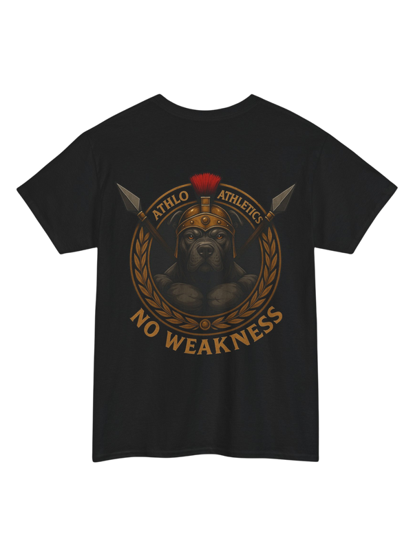 Athlo Athletics WarHound T-Shirt in black back view featuring Spartan pit bull design with “No Weakness” text.